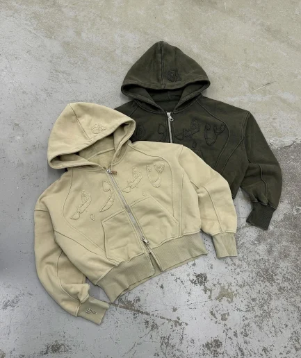 Streetwear Distressed Old Decal Embroidery Hoodie Cotton French Loop Splicing Oversized Zipper Hoodie for Men