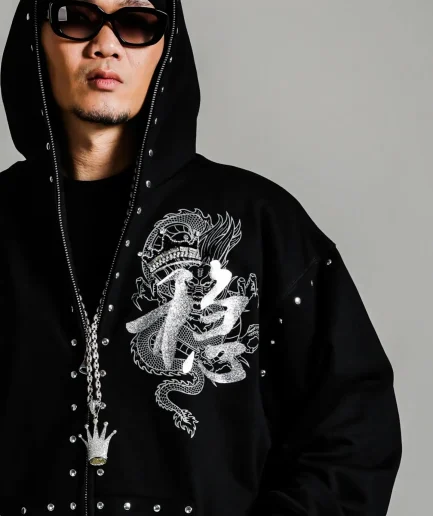 Sunscreen Zipper Printed Street Dance Functional Pickled Men's Zipper Rivet Heavy Duty Rhinestone Hoodie