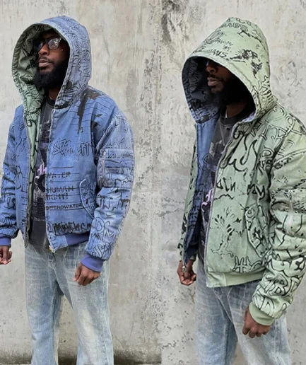 Design Printed Distressed Heavyweight Retro Zipper Hoodie Men's Long Sleeved Street Wear Double-sided Hoodie