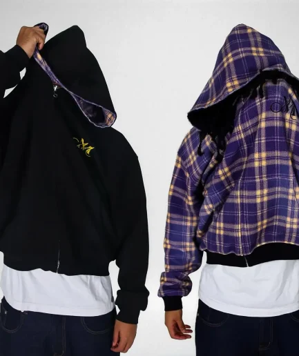 Men's Retro Washed Hoodie Embroidery Double-layer Reversible Sports Oversized Grid Zipper Hoodie