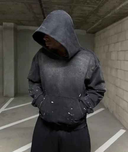 Men's Retro square Fitting Pullover Sweater with Stone Washed Edges and Distressed Old Printed Hoodie, Worn and Pickled