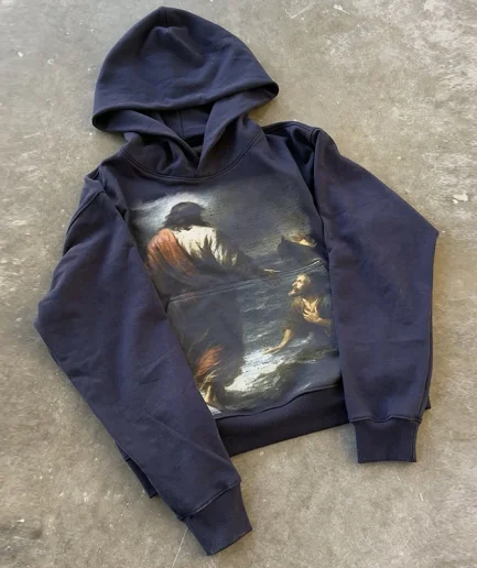 Street Style Retro Distressed Sun Faded Print Travel Hoodie for Both Men and Women Oversized Acid Washed Batch Hoodie