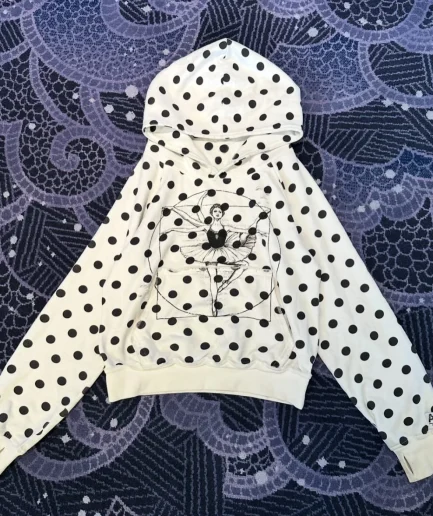 Street Style Heavyweight High-quality Pullover, Long Sleeved Crocheted Hooded Collar, Polka Dot Printed Hooded Sweatshirt