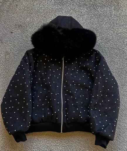 with Full Printed Zipper, Blank Fur Hood, Men's Jacket,  Men's Hooded Sweatshirt Based on Sample
