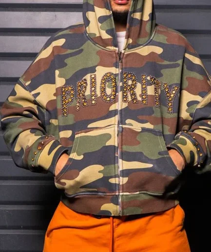 Men's Camo Streetwear Hoodie Heavyweight Oversized Screen Print Rhinestone Embroidery Boxy Fit Crop Length Hoodie