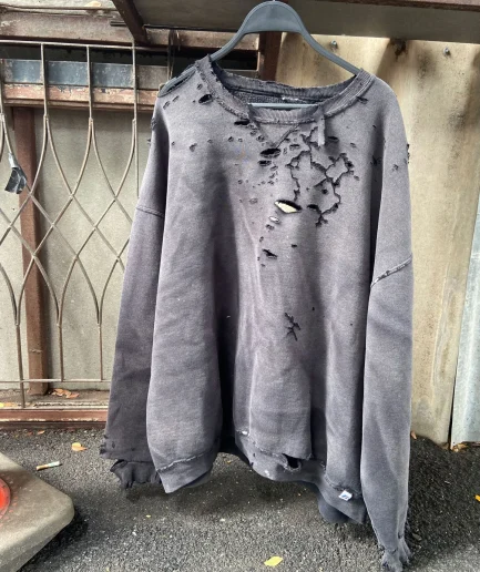 Men's Loose Stone Washed Distressed Long Sleeved Sweatshirt with Round Neck and High-quality Fringed Pullover Sweatshirt