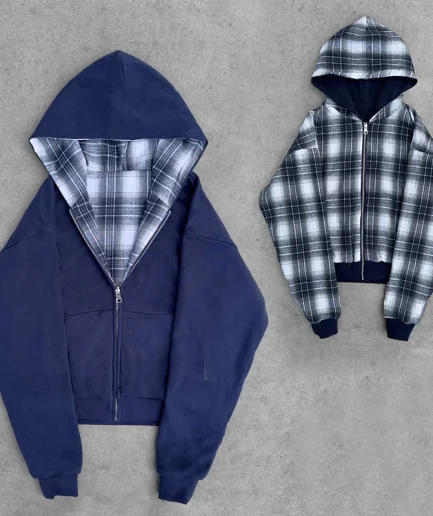 500G Heavy Weight Boxy Oversized Sun Bleached 100% Cotton French Terry Flannel Double Layer Reversible Hoodie Zip up