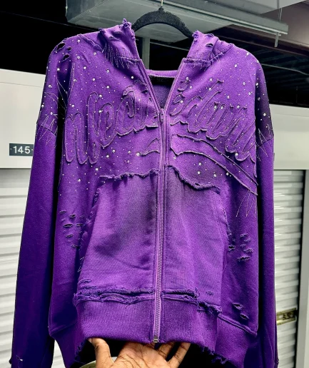 Sweatshirt Retro Washed Thick Cotton Zipper Hoodie Oversized Men's Vintage Embroidered Patch Rhinestone Sweatshirt