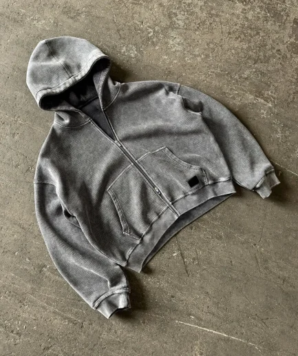 Waffle Hoodie Men Oversized Zip up Front Pocket Minimalist Streetwear Style Unisex Soft Fabric Comfort Fit for Daily