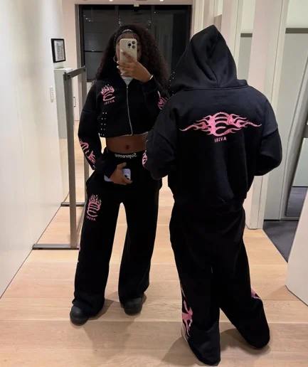 Y2K Rhinestone Sticker Embroidery Jogging Sportswear Jacket Pants Casual Two-piece Hooded Sweatshirt