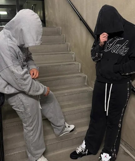 Heavyweight Rhinestone Letter Pickled Zipper Jacket Street Wear Pickled Retro Sports Pants Set Travel Hoodie