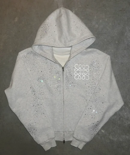 Streetwear Cutting Heavyweight Zipper Hoodie Acid Washed Oversized Rhinestone Men's Jacket