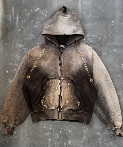 Rhinestone Acid Wash Hoodies 400GSM Heavyweight Zip up Hoodie for Men Streetwear Designer Premium Hoodie