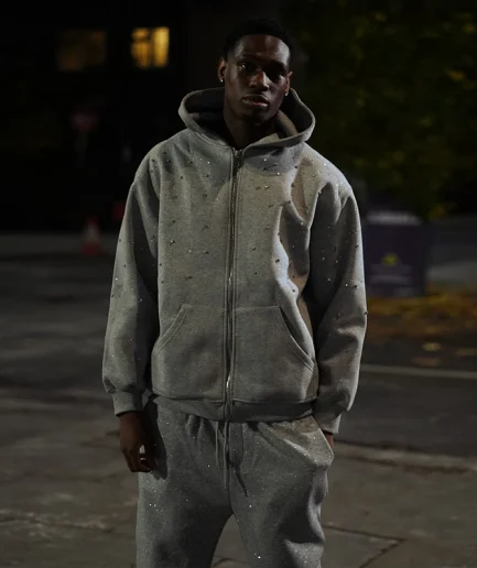 Solid Color Zipper Hoodie, Comfortable and Oversized square Rhinestone Zipper Runs Through the Hoodie