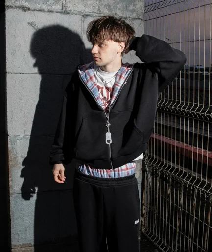 Double Zipper Reversible Loose Shoulder Flannel Double Layered Checkered Men's High Quality Hoodie