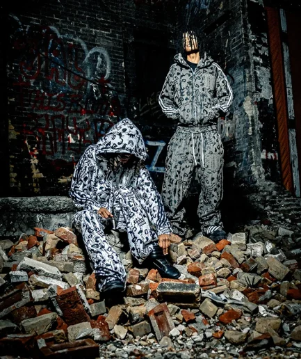 High Quality Leopard Print Distressed Oversized Men's Print Cut Heavyweight Zipper Sweatshirt and Sports Pants Jogging Set