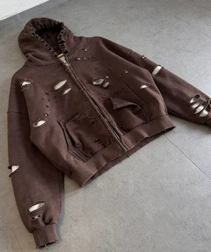 Acid Wash Oversized Distressed Pullover Heavyweight  Boxy Sun Faded Zip up Men Waffle Knit Hoodie