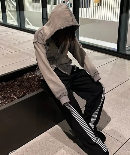 Zipper Cut, Washed, Sandblasted, Hot Pressed, Distressed, Short Embroidered, Streetwear Men's Hoodie