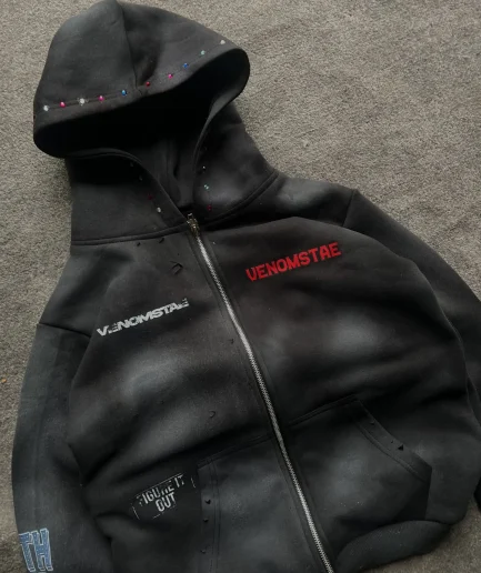 High Quality Rhinestone Printed Loose Hoodie, Worn Towel Cloth, Sun Protection, Fading, Acid Washed Zipper Sweatshirt