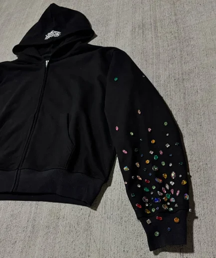 Graphic Acid Pickling Patch Rivet Inlaid with Diamond Rhinestone Embroidery 480 Gsm  Gothic Street Zip Hoodie