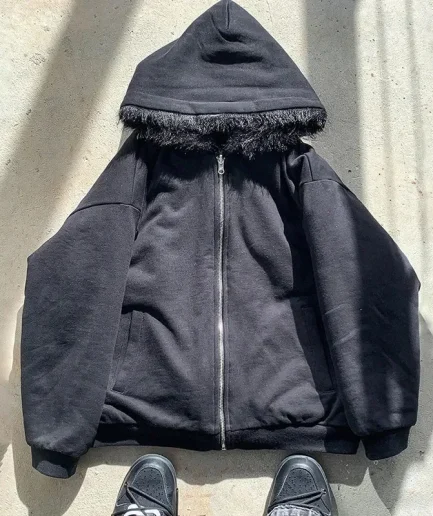 Heavyweight Thick Fleece Double Layer Zip up Fur Reversible Jacket Drop Shoulder Winter Men Blank Fur Hoodie