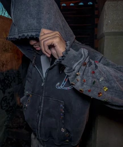 High Quality Acid Washed Vintage Faded Distressed Sportswear Jacket with Rhinestone Inlaid Zipper Men's Hooded Sweatshirt