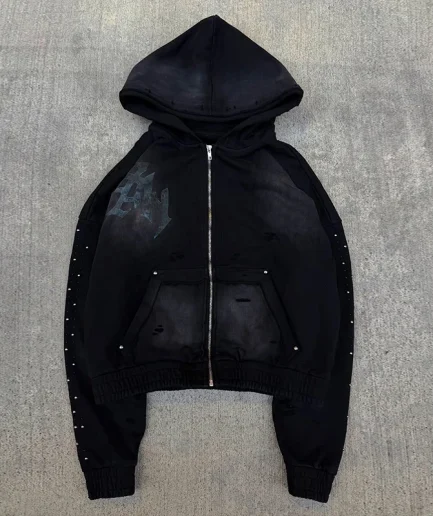 Sundried Zipper Street Wear Function Pickled Winter Men's Zipper Rivet Heavyweight Rhinestone Hoodie Set