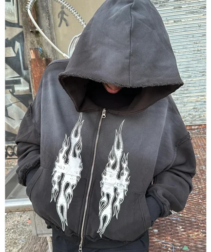 High Quality Acid Washed Heavyweight square Short Style Brushed Zipper with Antique Printed Travel Hoodie for Men