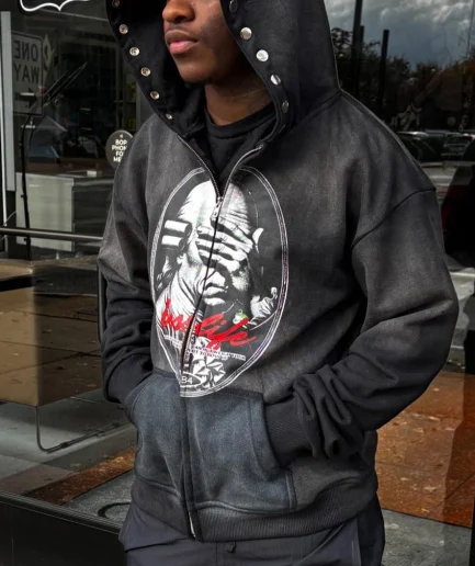 Made Vintage Style Zipper Sun Faded Acid Washed Streetwear Print Reversible Designer Zip up Hoodie