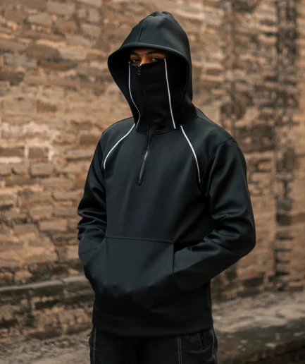 Cotton Heavyweight Fleece Embroidered with Mask Design Loose Fit Double Zipper Oversized Hooded Balaclava Hoodies