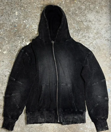 Waffle Hoodie Street Style Acid Washed Hoodies Vintage Men's Warm Knit Zip-Up Hoodie