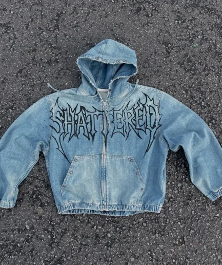 High Quality Denim Hoodie, Heavyweight Retro Streetwear, Men's Printed Washed Rivet Hoodie, Oversized Zipper Hoodie