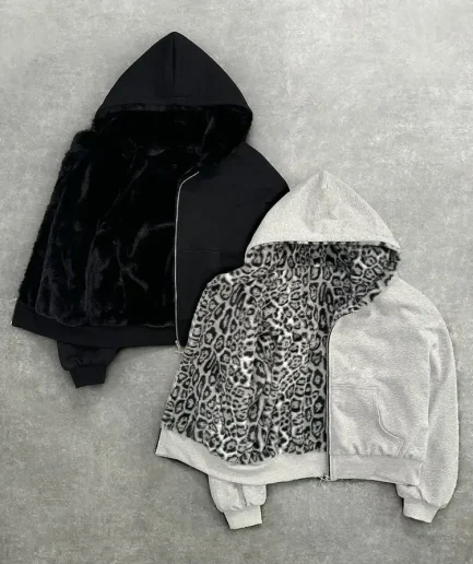 Heavyweight Thick Leopard Fleece Double Layer Zip up Reversible Hoodie Winter Men Women Warm Fur Hoodie