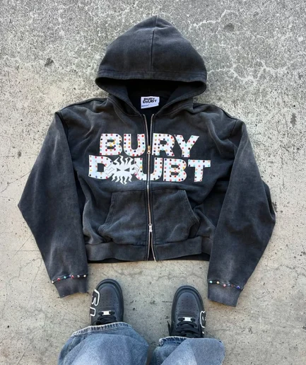 Sun Fading French Looped Rhinestone Vintage Acid Washed Y2k Zipper Four Boxes Suitable for Men's Hoodies