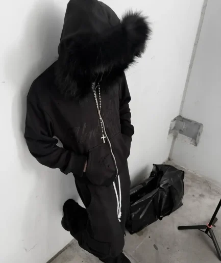 Clothing Winter Zip up Y2K Faux Fur Collar Hoodies Cotton French Terry Oversize Plain Fur Hoodie for Men