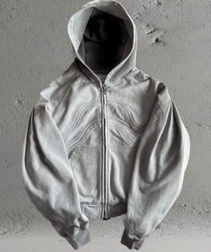 Designer Wool Zipper Hooded Sweatshirt, High-quality Oversized Unisex Vintage Acid Washed Distressed Sweatshirt