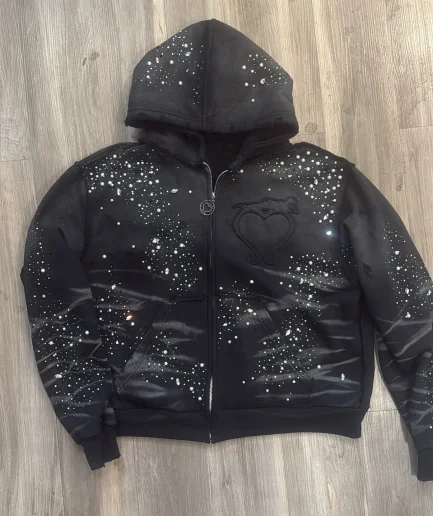 Street Cut Heavyweight Zipper Hoodie Acid Washed Oversized Rhinestone Embroidered Printed Hoodie