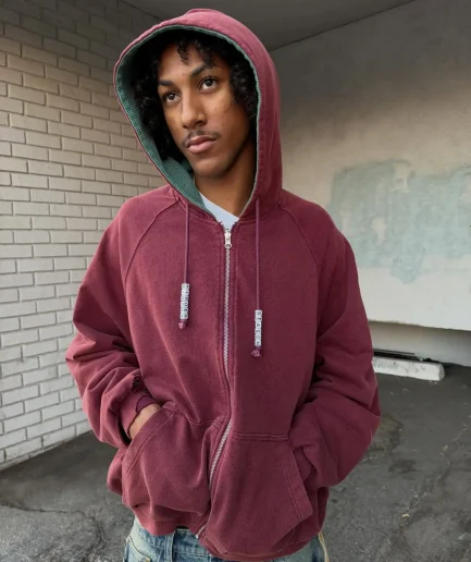 High Quality Pickled Hooded Sweatshirt Made of 100% Cotton, Thickened Shoulder Drop, Double Zipper Hooded Sweatshirt