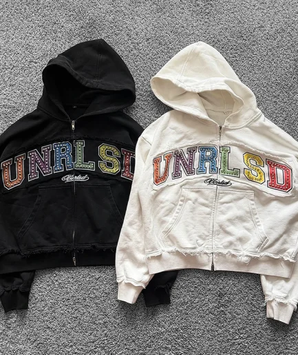 Letter Silk Screen Printed Jacket Vintage Distressed Acid Washed Rhinestone  French Looped Zipper Hooded Sweatshirt