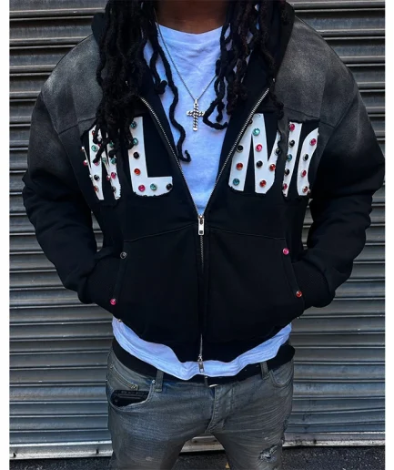 Screen Printed Hip-hop Streetwear Retro square Rhinestone Pickled Double Zipper Hoodie Loose Distress Men's Jacket