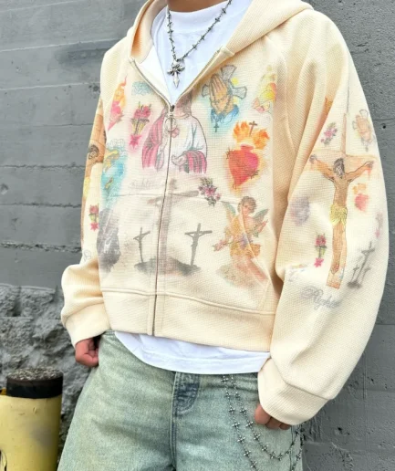 100% Cotton 400Gsm Winter Letter Streetwear Waffle Hoodie DTG Print Acid Washed Heavyweight Zip Casual Hoodies