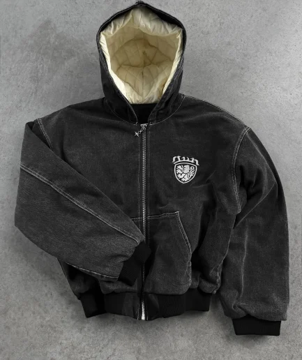 Sun Faded Color-Block Hoodie Washed Zip up Embroidered Patch Vintage Faded Washed Boxy Fit Acid Wash Distress Hoodie