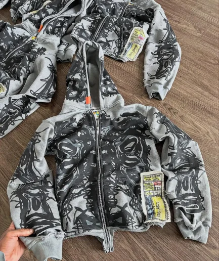 square Fitting Zipper Cut Loose Graphic Print Retro Pickled French Looped Hoodie Men's Sportswear