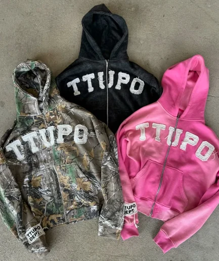 Looped Men's Retro Distressed Embroidery, Acid Washed Cutting Zipper Hoodie, Color Block Splicing, Outdoor Camouflage
