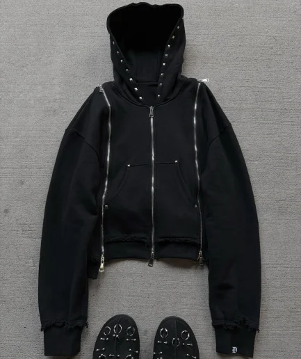 Rivet Rhinestone Distressed Old Cut Three Zipper Hooded Sweatshirt Pickled Hooded Sweatshirt Men's Streetwear