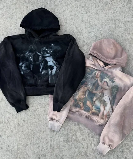 Vintage Distress Sun Faded Travel Drawstring Unisex Oversized Acid Washed Rhinestone Sweatshirt