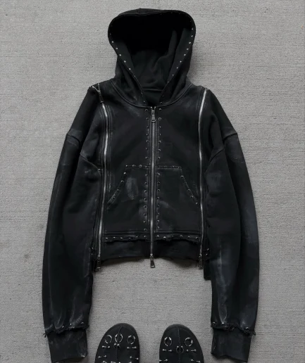 Heavyweight, Blank, Oversized Men's Rivet, Rhinestone, Sun Dried Zipper, French Looped Street Hoodie Based on Sample