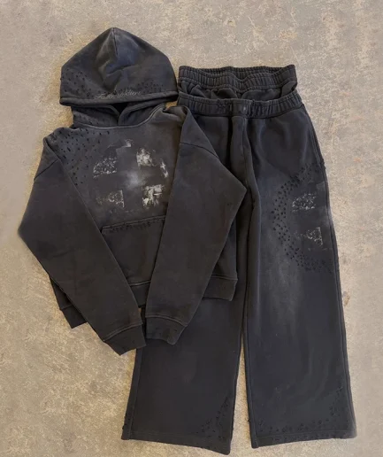 Winter Black Jacket Men's Set Pickled Sun Fading Zipper Hoodie Beaded Printed Sportswear Two Piece Set