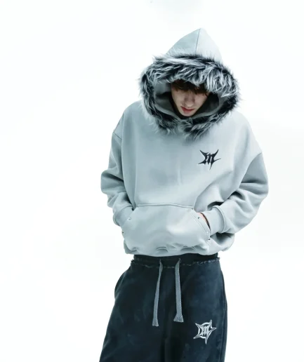 Clothing Winter Zip up Y2K Faux Fur Collar Hoodies Cotton French Terry Oversize Plain Fur Hoodie for Men