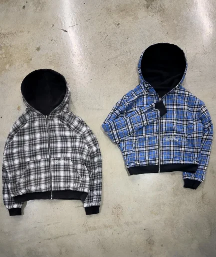 Boxy Oversized 100% Cotton French Terry Plaid Flannel Double Layer Reversible Zip up Hoodie